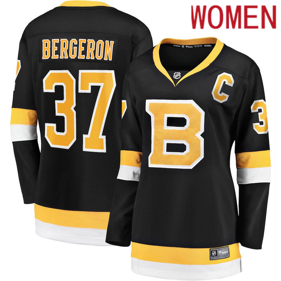 Women Boston Bruins 37 Patrice Bergeron Fanatics Branded Black Captain Alternate Premier Breakaway Player NHL Jersey